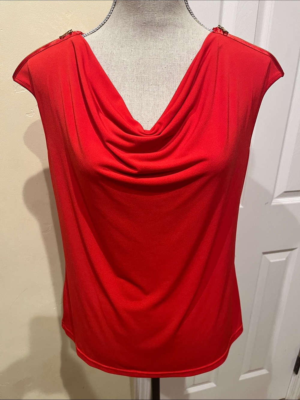 Calvin Klein Red Draped Cowl Neck Sleeveless Top with Zipper Trim